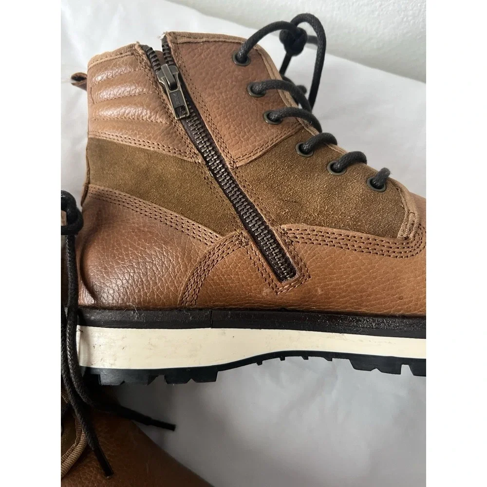 Crevo Tan Leather Faux Fur Lined Lace-Up Boots Zipper Accents Men's 8.5